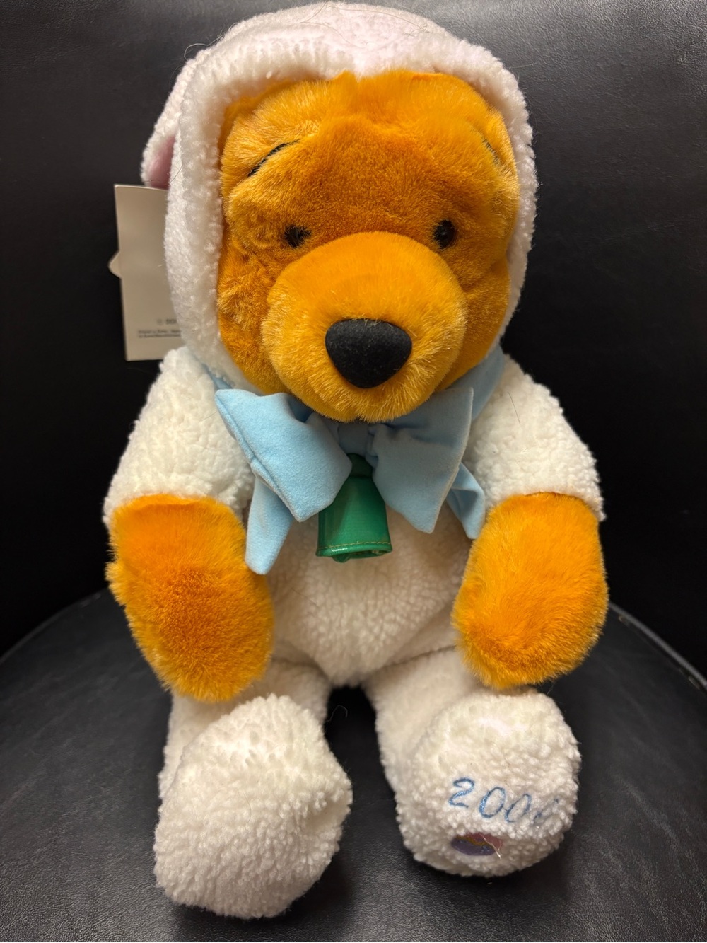 Vintage Winnie the Pooh Plush Toy in White Outfit with Blue Bow- Easter